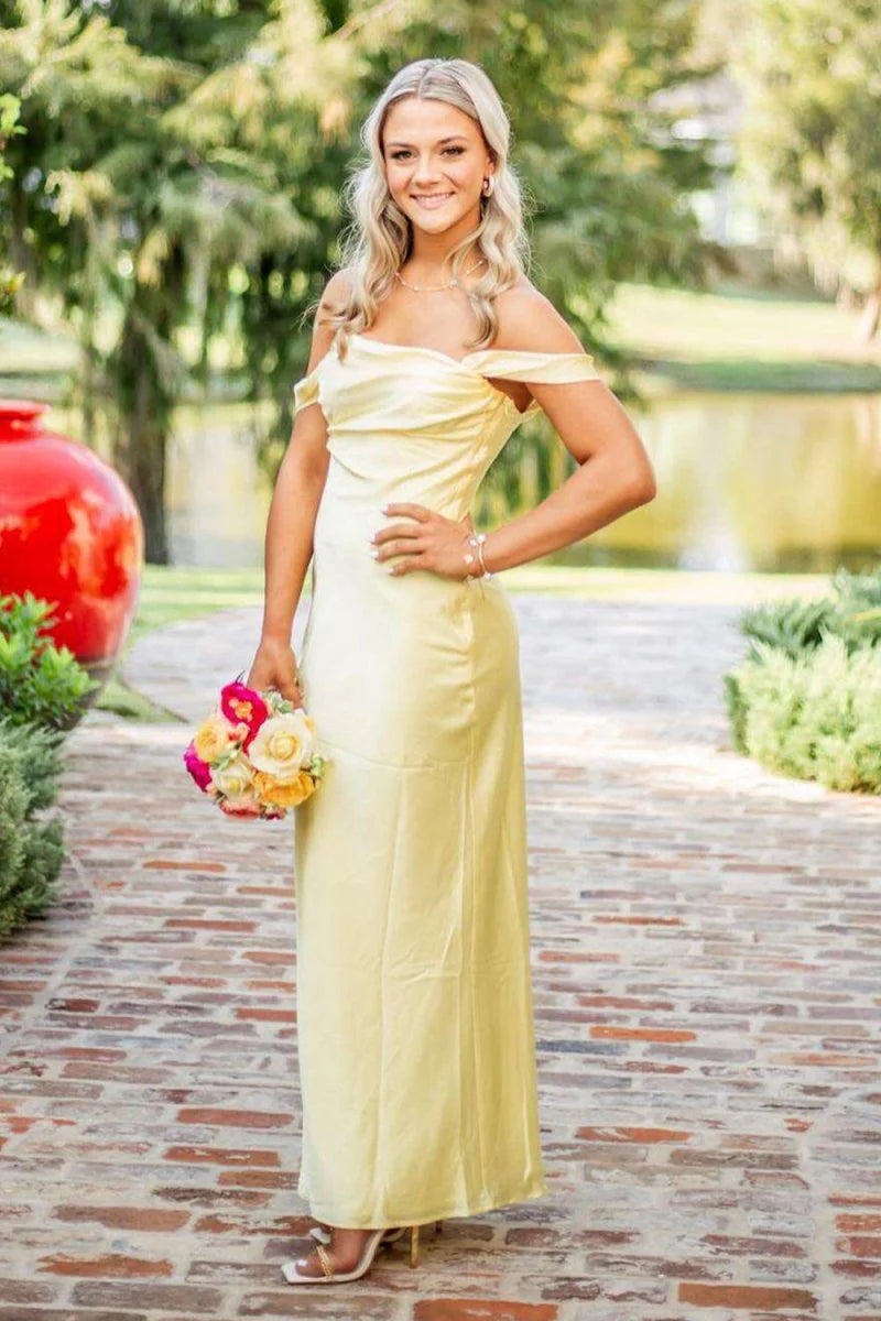 Yellow Off The Shoulder Sheath Satin Long Mermaid Prom Dress
