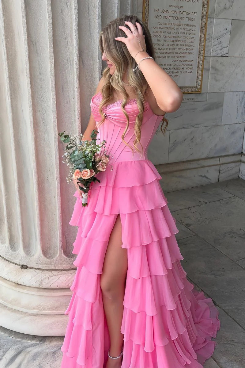 Pink Sweetheart Chiffon Ruffled With Beading Long Formal A Line Prom Dress