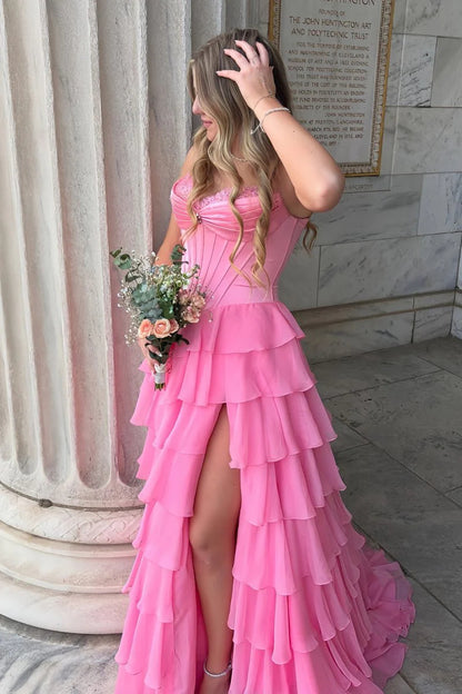 Pink Sweetheart Chiffon Ruffled With Beading Long Formal A Line Prom Dress