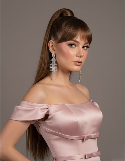 Vestido de Gala com Corpete, Ombro a Descoberto, Saia de Tule Brilhante com Aplicações Florais, Azul Royal