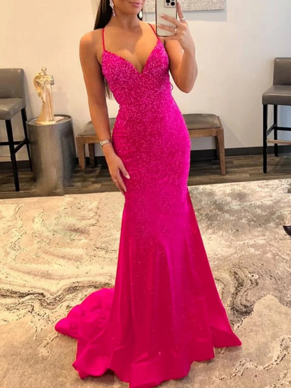 Glitter V Neck Satin Mermaid Prom Dress