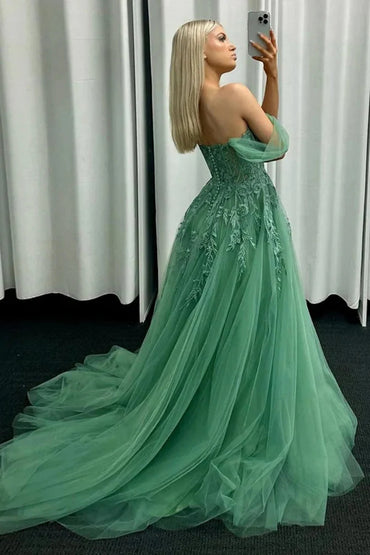 Mint Green Off the Shoulder Tulle Lace Appliques A Line Prom Dress