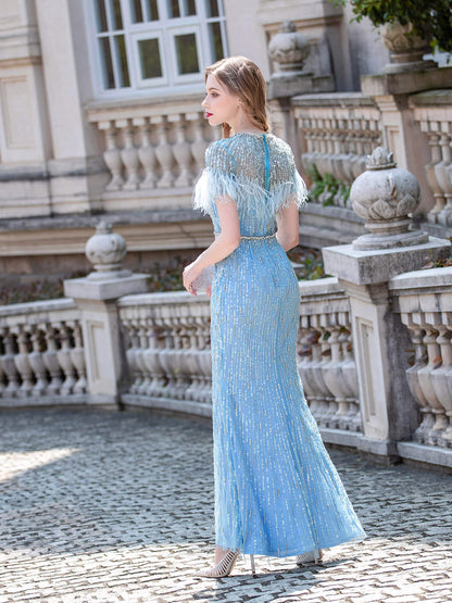 Roycebridal Mermaid Beaded Luxurious Fashion Formal Evening Dresses Short Sleeves Floor Length