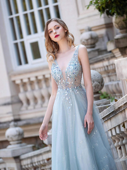Roycebridal A-line Tulle V-neck Luxurious Sexy Formal Evening Dresses Sleeveless Floor Length