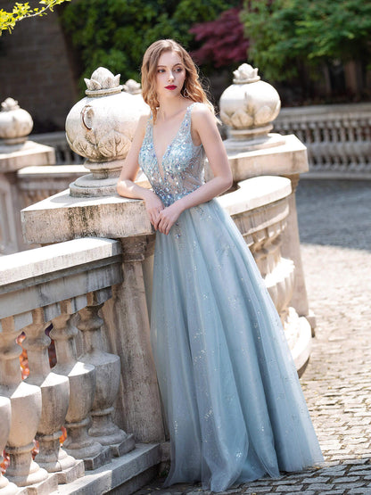 Roycebridal A-line Tulle V-neck Luxurious Sexy Formal Evening Dresses Sleeveless Floor Length