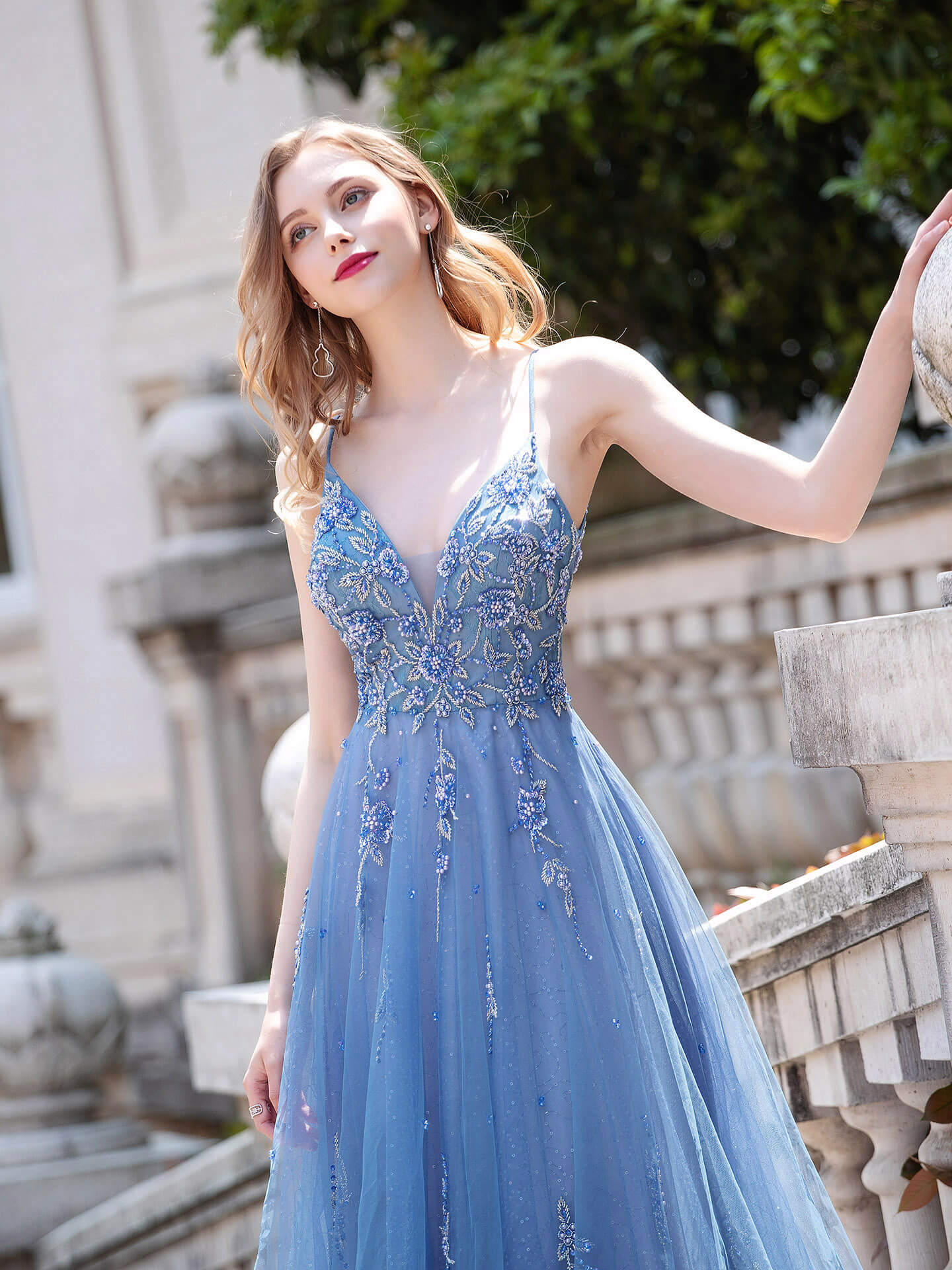 Roycebridal A-line Tulle Luxurious Sexy Formal Evening Dresses Spaghetti Strap Sleeveless Floor Length