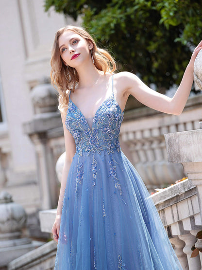 Roycebridal A-line Tulle Luxurious Sexy Formal Evening Dresses Spaghetti Strap Sleeveless Floor Length