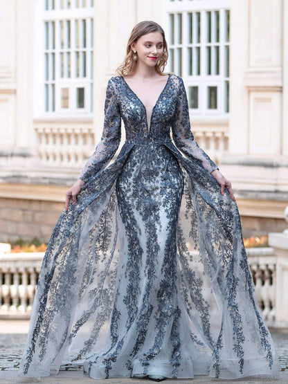 Roycebridal Mermaid / Trumpet V-neck Fashion Formal Evening Dresses Long Sleeve Floor Length Prom Dresses