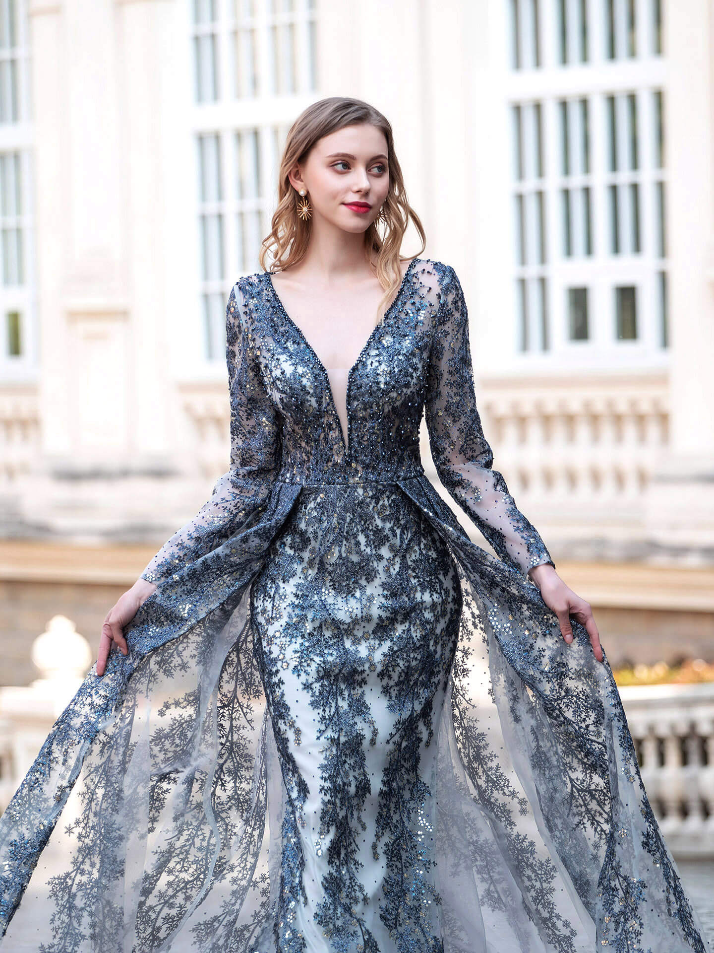 Roycebridal Mermaid / Trumpet V-neck Fashion Formal Evening Dresses Long Sleeve Floor Length Prom Dresses