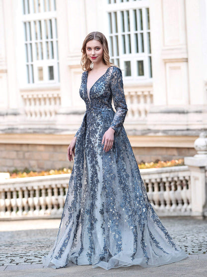 Roycebridal Mermaid / Trumpet V-neck Fashion Formal Evening Dresses Long Sleeve Floor Length Prom Dresses