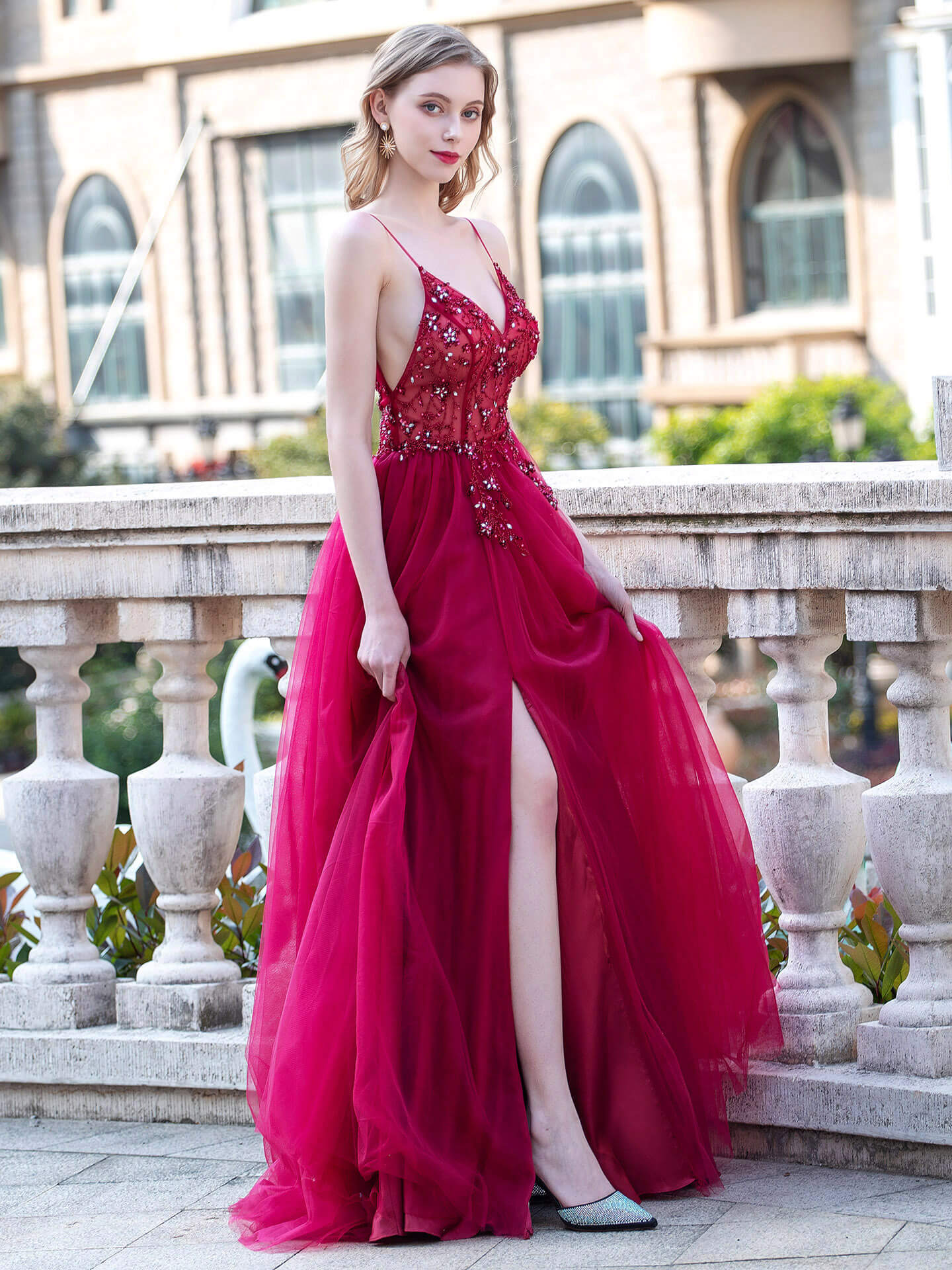 Roycebridal A-line Luxurious Sexy Formal Evening Dresses Spaghetti Strap Sleeveless With Slit Floor Length Prom Dresses