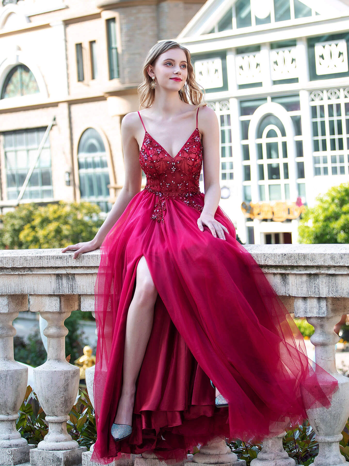 Roycebridal A-line Luxurious Sexy Formal Evening Dresses Spaghetti Strap Sleeveless With Slit Floor Length Prom Dresses