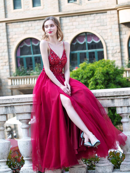 Roycebridal A-line Luxurious Sexy Formal Evening Dresses Spaghetti Strap Sleeveless With Slit Floor Length Prom Dresses