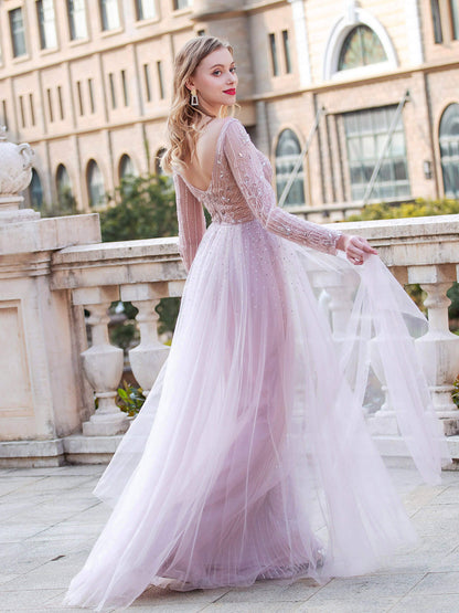 Roycebridal Roycebridal Mermaid V-neck Beaded Luxurious Fashion Formal Evening Dresses Long Sleeve Floor Length Prom Dresses