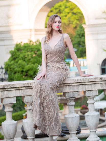 Roycebridal Mermaid V-neck V-back Beaded Feather Luxurious Fashion Formal Evening Dresses Sleeveless Floor Length