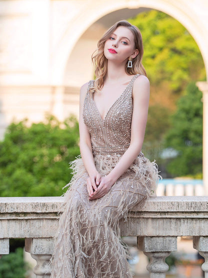 Roycebridal Mermaid V-neck V-back Beaded Feather Luxurious Fashion Formal Evening Dresses Sleeveless Floor Length