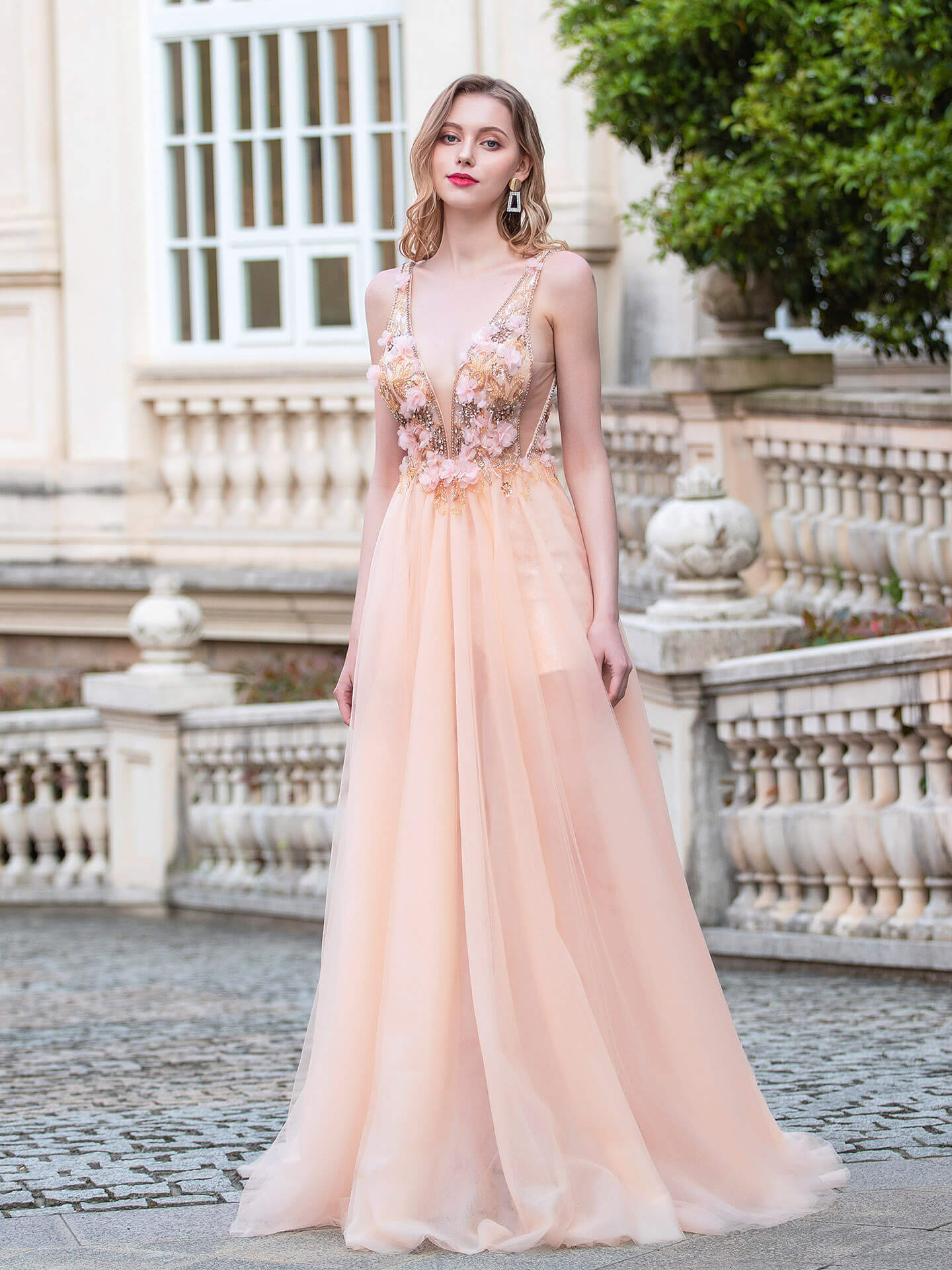 Roycebridal Roycebridal A-line Luxurious Fashion Sexy V-neck Formal Evening Dresses Sleeveless Floor Length Prom Dresses