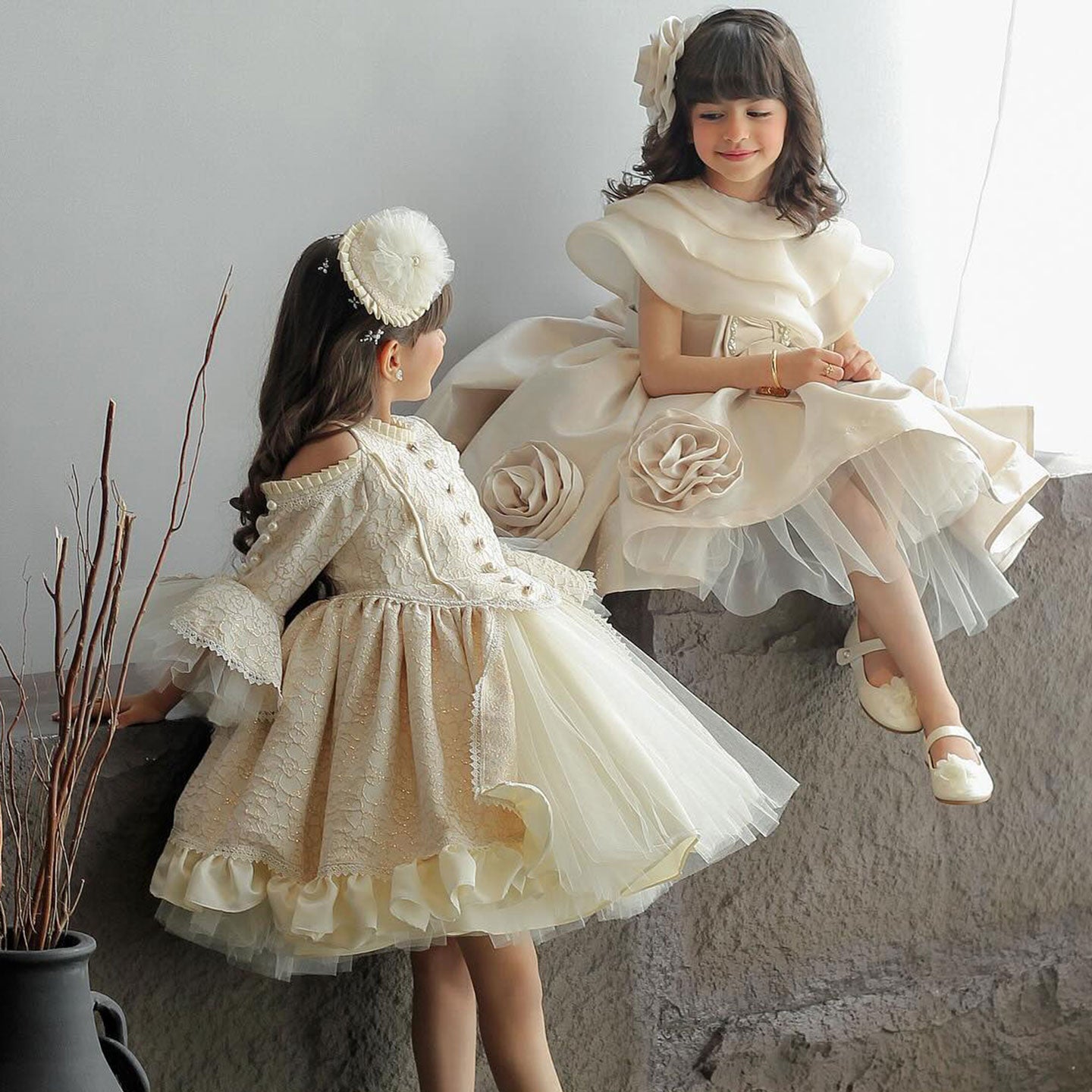 Roycebridal Elegant Beige Girl Dresses Handmade Flowers with Headgear for Kids Wedding Birthday Holiday Party Gown 2025 J104