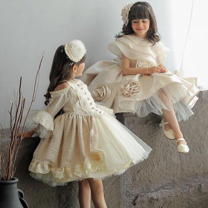 Roycebridal Elegant Beige Girl Dresses Handmade Flowers with Headgear for Kids Wedding Birthday Holiday Party Gown 2025 J104