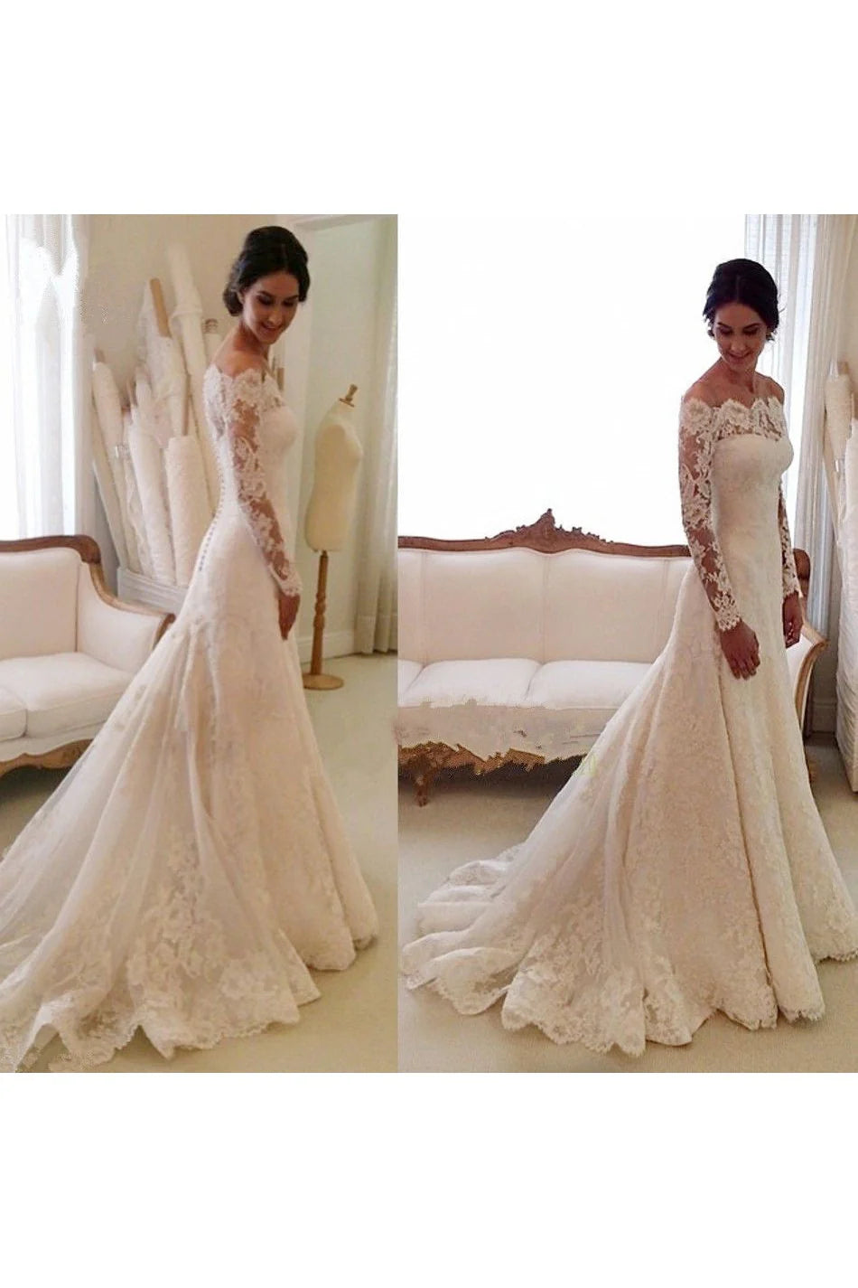 Ivory Long Sleeve Off Shoulder Lace Mermaid Wedding Dress Custom Made Customized