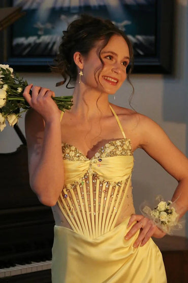 Yellow Halter Pleated Sheath Satin With Beading Long Mermaid Prom Dress