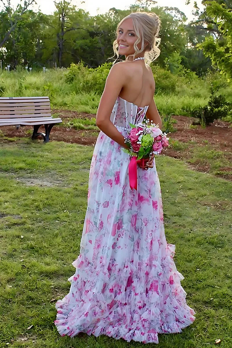 Pink Halter Floral Chiffon Ruffled With Beading Formal A Line Prom Dress