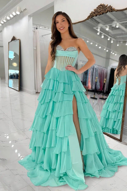 Sage Strapless Beading Chiffon Ruffled Formal A Line Prom Dress
