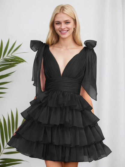 Robe de soirée trapèze bleu roi tendance à volants et nœud