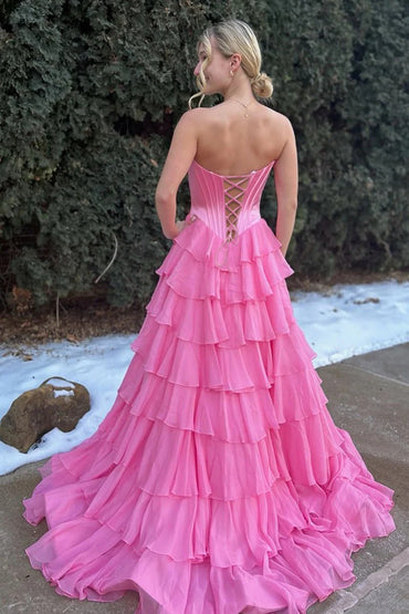 Pink Sweetheart Chiffon Ruffled With Beading Long Formal A Line Prom Dress