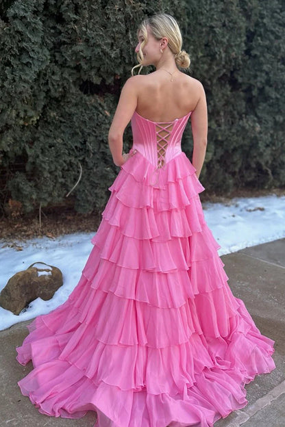 Pink Sweetheart Chiffon Ruffled With Beading Long Formal A Line Prom Dress