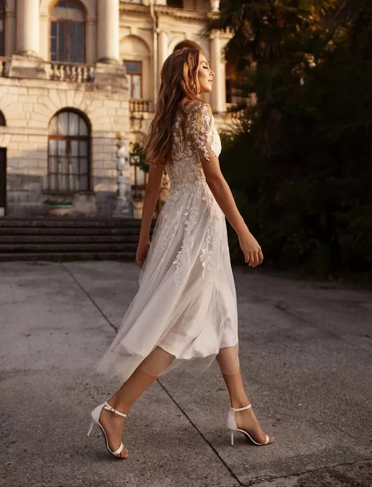 Boho Floral Short Sleeves Midi Lace Button A-Line Wedding Dress Custom Made Customized