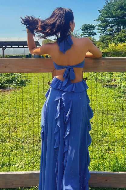 Pink Halter Chiffon Ruffled Cut Out Long A Line Prom Dress