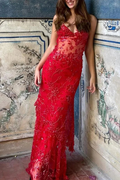 Red Spaghetti Straps Sequined Lace Long Formal Mermaid Prom Dress