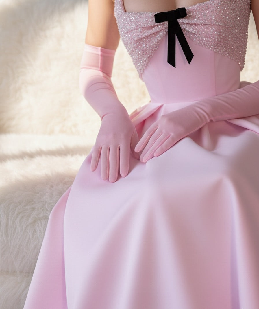 Soft Pink Strapless Ball Gown with Bow Detail Sweetheart Prom Dress