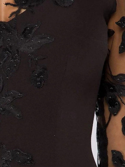 V-Ausschnitt Langarm Spitze Perlen Top A Linie Gothic Schwarzes Brautkleid