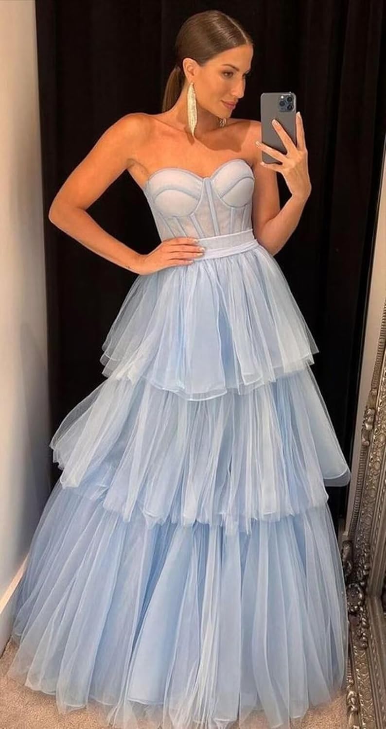 Roycebridal Kaylee |A-line Tiered Ruffled Long Tulle Prom Dress