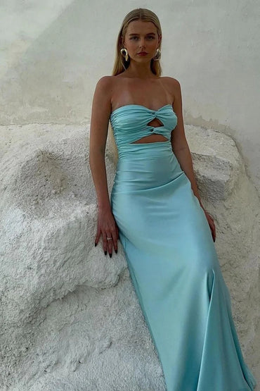 Strapless Aqua Blue Sheath Long Prom Dresses
