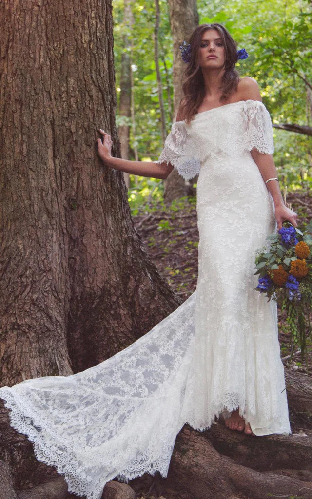 Boho Off Shoulder Sheath Scalloped Lace Mermaid Wedding Dress Custom Made Customized