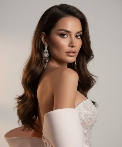 Strapless Lace Corset Prom Dress with Satin Skirt and Statement Bow