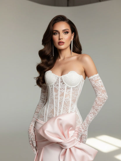 Strapless Lace Corset Prom Dress with Satin Skirt and Statement Bow