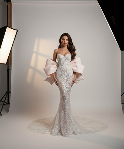 Strapless Lace Corset Prom Dress with Satin Skirt and Statement Bow