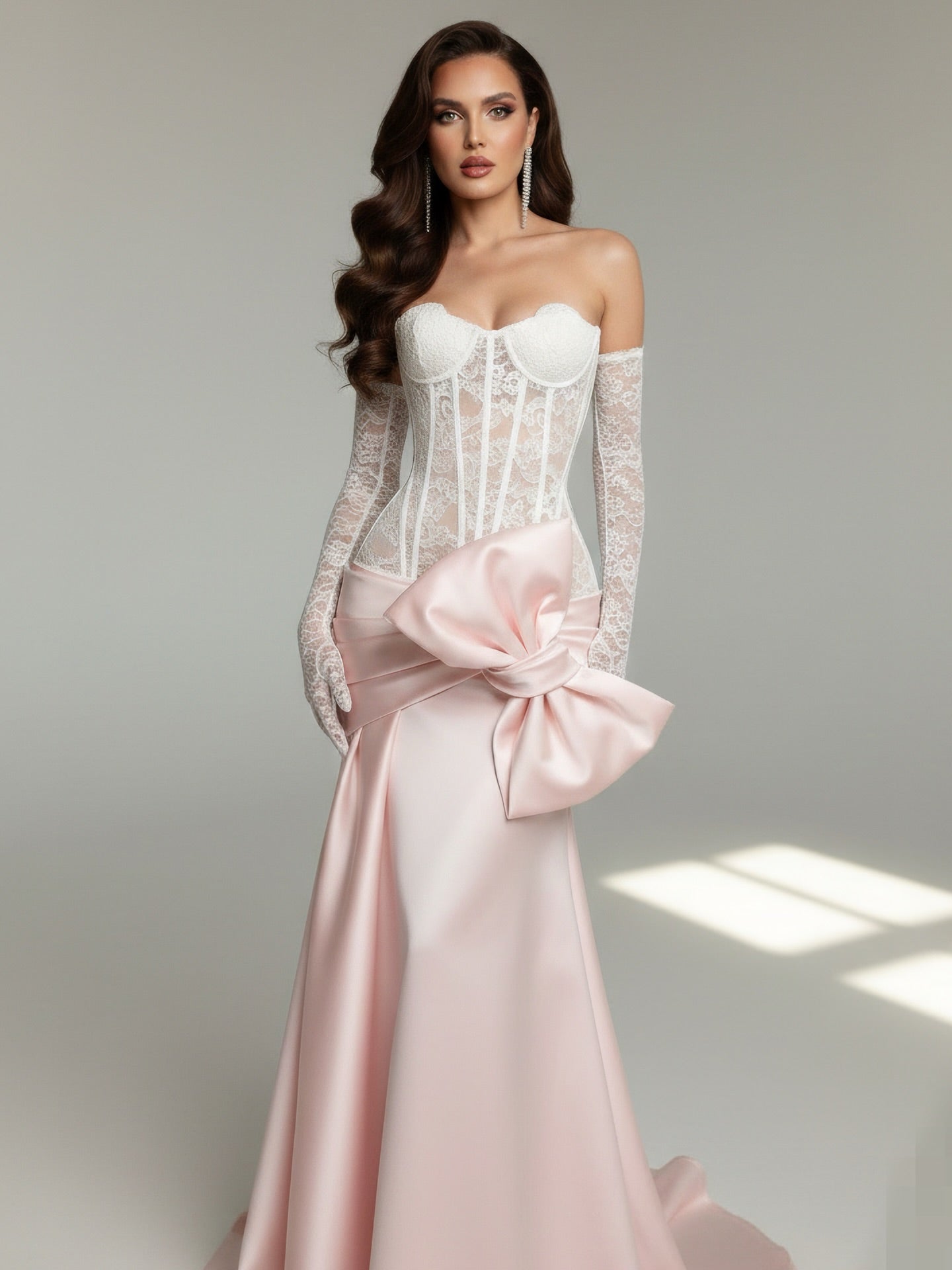 Strapless Lace Corset Prom Dress with Satin Skirt and Statement Bow