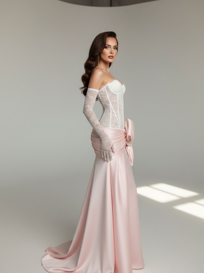 Strapless Lace Corset Prom Dress with Satin Skirt and Statement Bow