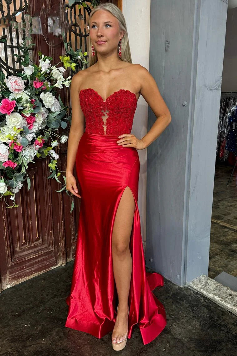 Royal Blue Slit Strapless Lace Mermaid Long Prom Dress