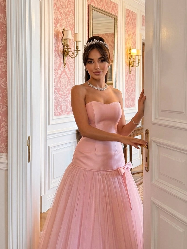 Blush Pink Strapless Satin Prom Dress with Soft Tulle Skirt