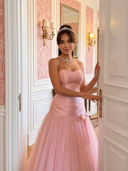 Blush Pink Strapless Satin Prom Dress with Soft Tulle Skirt