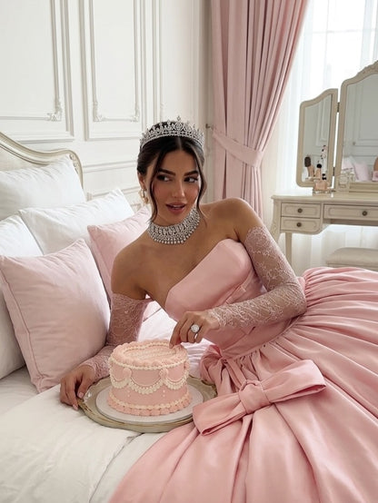 Pink Strapless Ball Gown Prom Dress with Bow Detail Elegant Princess Evening Dress