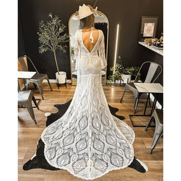 Boho Fringe Gown with Gorgeous Scalloped Train Lace Mermaid Wedding Dress