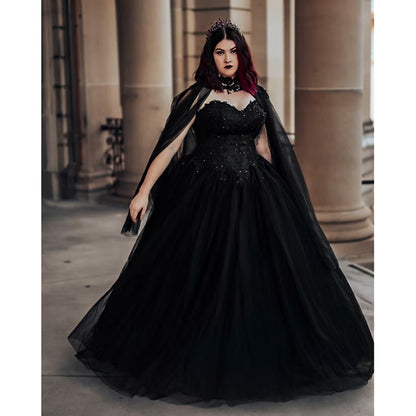 Sexy Sweetheart Neck Watteau Train Lace Appliques Tulle A Line Gothic Black Wedding Dress