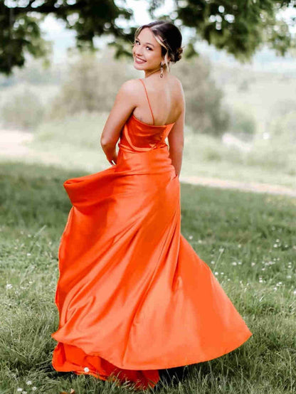 Roycebridal Araya |A Line Cowl Neck Satin Prom Dress With Slit
